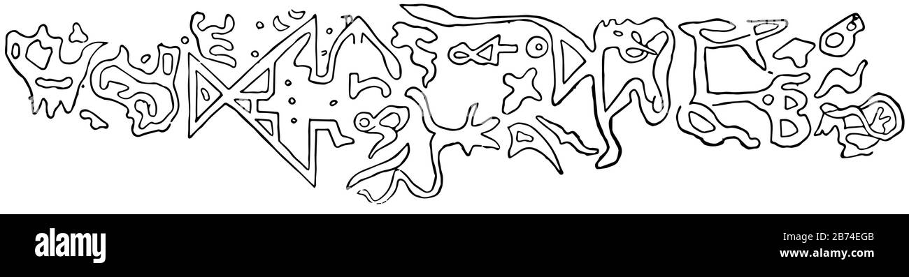 Dighton Rock Inscriptions haben geometrische Formen und schematische Zeichnungen von Menschen, Vintage Line Drawing oder Gravur Illustration. Stock Vektor