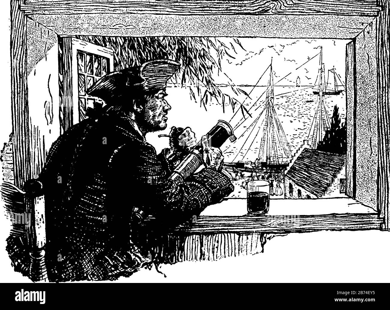 Ein Mann, der durch Fenster auf Schiffe im Meer blickt und raucht, Hält Spyglas in der Hand und Glas, das an Fenster, Vintage-Linien-Zeichnung oder Gravur gehalten wird Stock Vektor