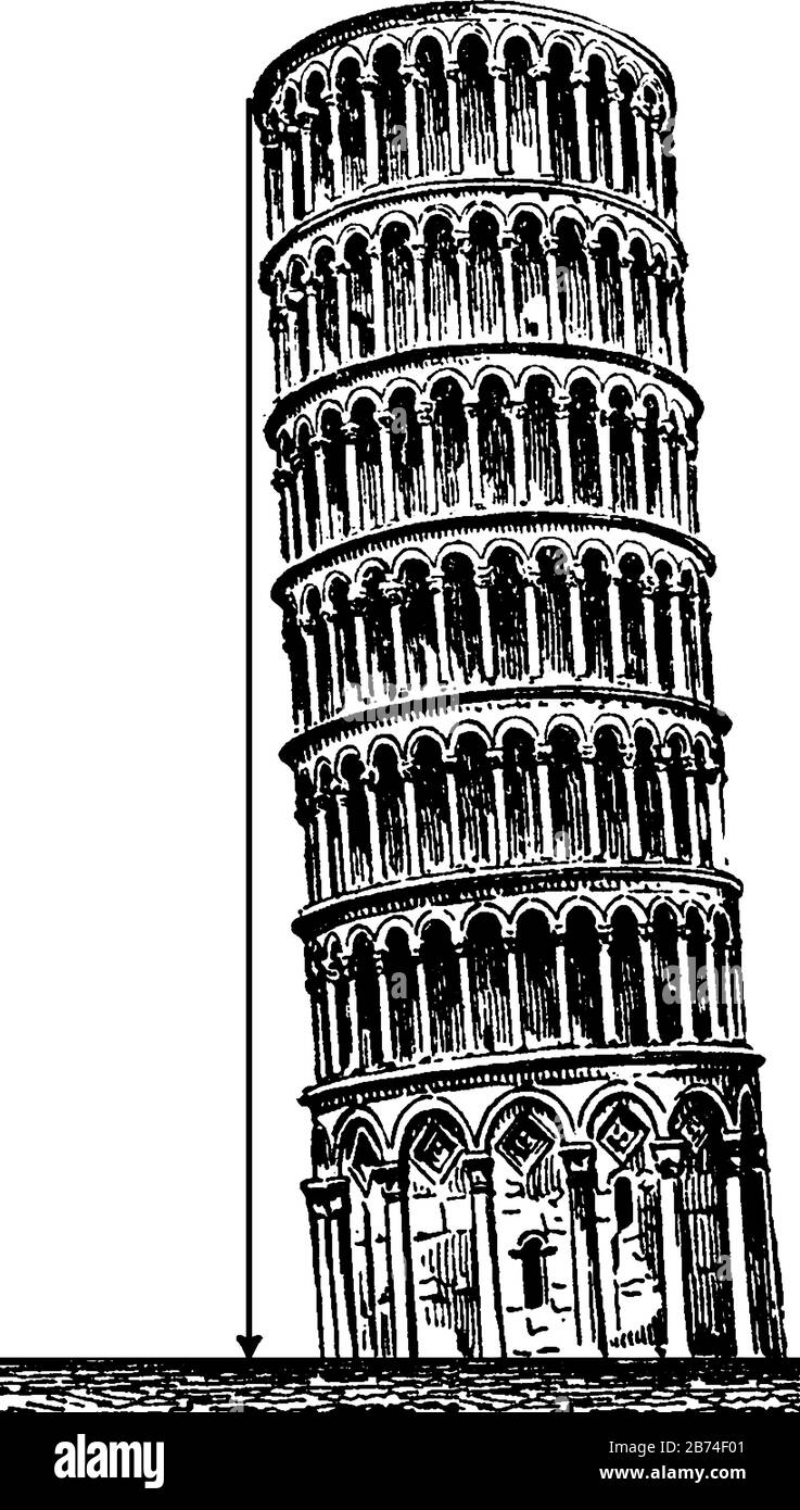 Schiefer Turm mit senkrecht gezogenem Turm, freistehender Kirchturm, Kathedrale der italienischen Stadt Pisa, Vintage-Linie d Stock Vektor