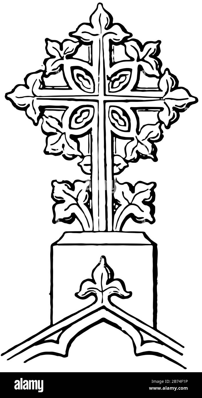 Finialkreuz, Kugel, vergoldet, Stein, Gold, Holz, klein, dekorativ, Vintage-Zeichnung oder Gravurzeichnung. Stock Vektor