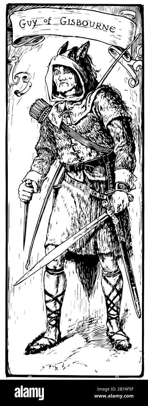 Guy of Gisbourne, dieses Bild zeigt einen Mann in Krieger-Uniform, hält Schwert in der linken Hand, TYP VON GISBOURNE über seinem Kopf geschrieben, Vintage Line Drawing Stock Vektor