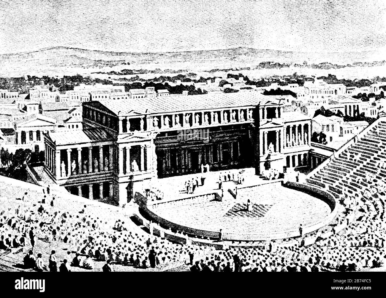 Das griechische Theater Athen, eine theatralische Kultur, blühte im antiken Griechenland auf, eine bedeutende kulturelle, politische, militärische Macht, klassische Strichzeichnung oder Stock Vektor