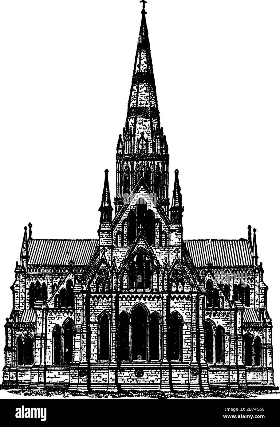 Gotische Architektur - Kathedrale von Salisbury, Architekturgebäude, hervorragendes Beispiel für den Stil, relativ kurze Zeit, Vintage-Zeichnung oder Engra-Zeichnung Stock Vektor