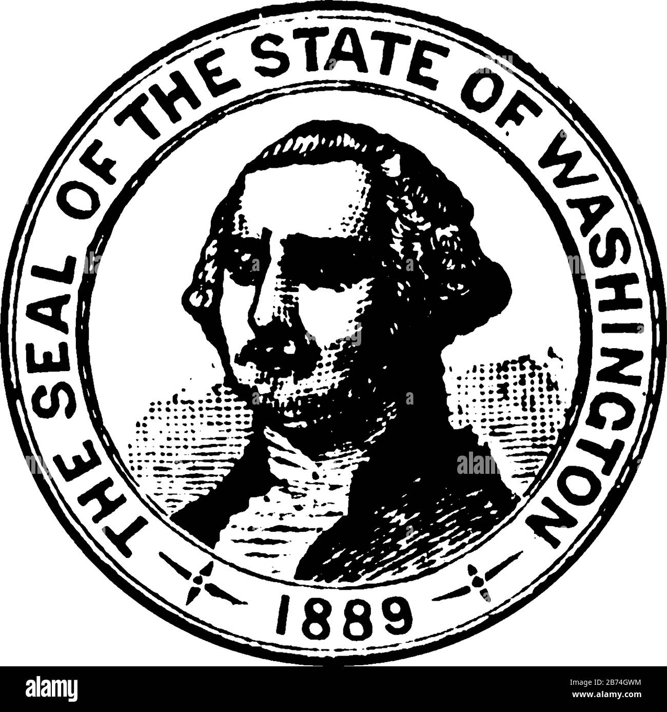 Siegel des Staates Washington, 1913, dieses Siegel in Kreisform hat ein Porträt von George Washington im Zentrum, DAS SIEGEL DES STAATES WASHINGTON von 1889 Stock Vektor