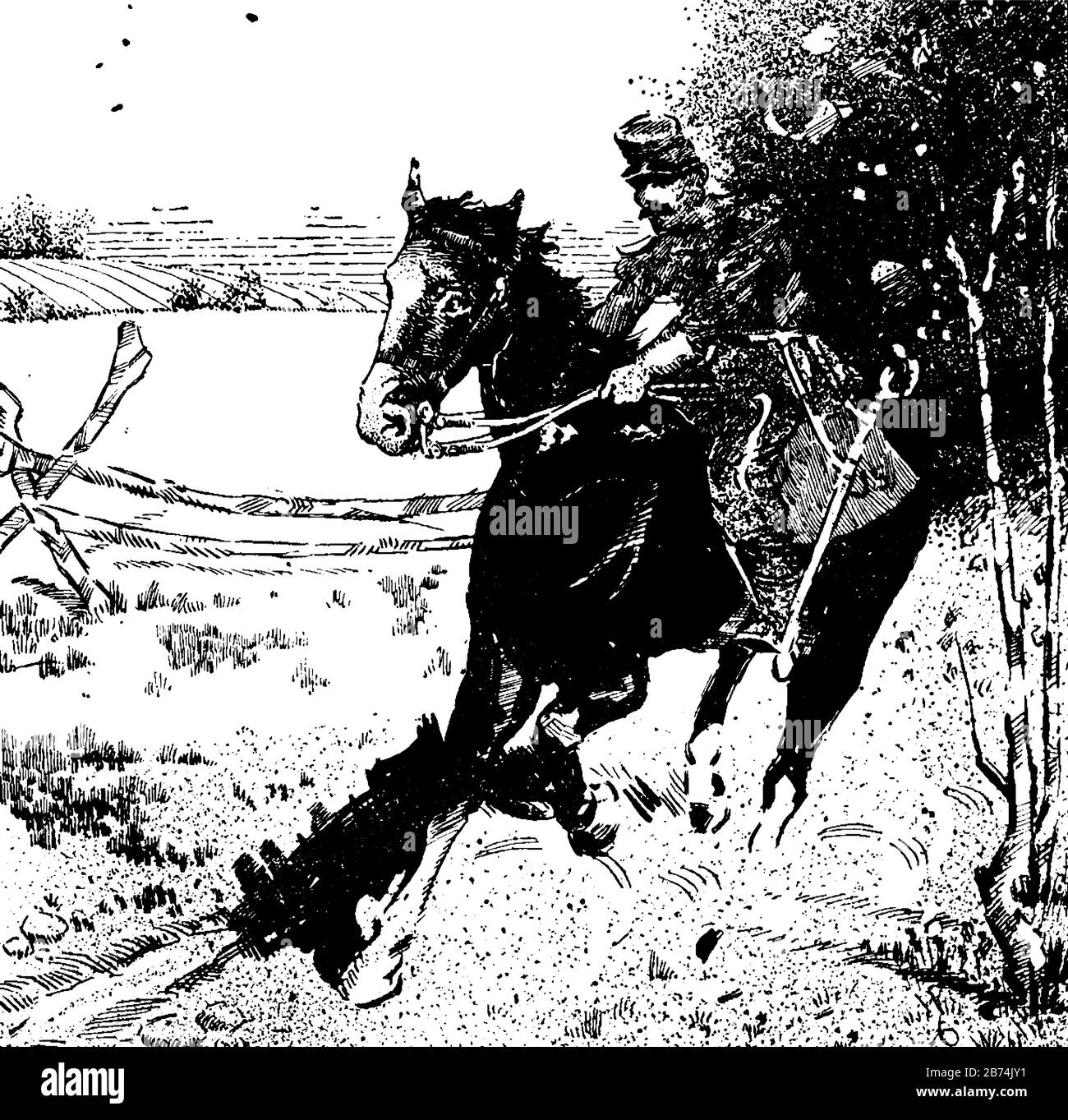 Ein Mann mit Hut auf dem Kopf auf Pferd im Dschungel, Vintage-Zeichnung oder Gravur Illustration Stock Vektor