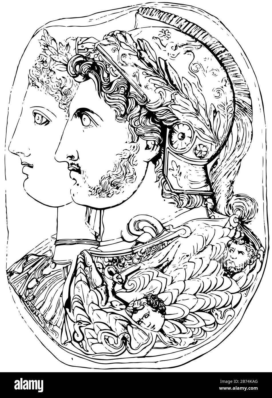 Gonzaga Cameo befindet sich im Petersburger Museum, im Vintage-Line-Zeichnen oder in der Gravier-Illustration. Stock Vektor
