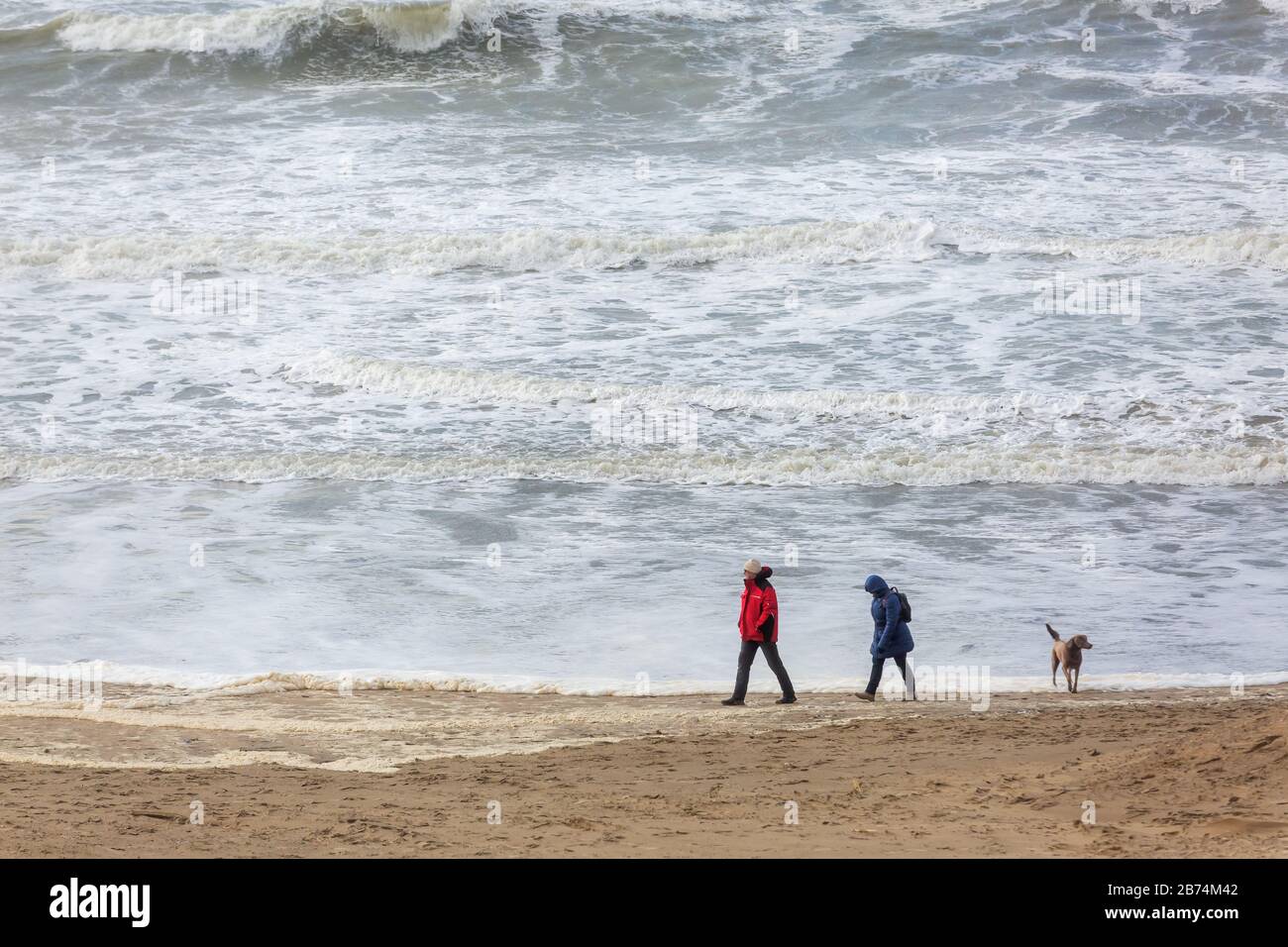 Bloemendaal aan Zee, Niederlande - 23. Februar 2020: Strand an der Nordsee mit nicht identifizierten Menschen. Bloemendaal aan Zee ist ein beliebter Badeort Stockfoto