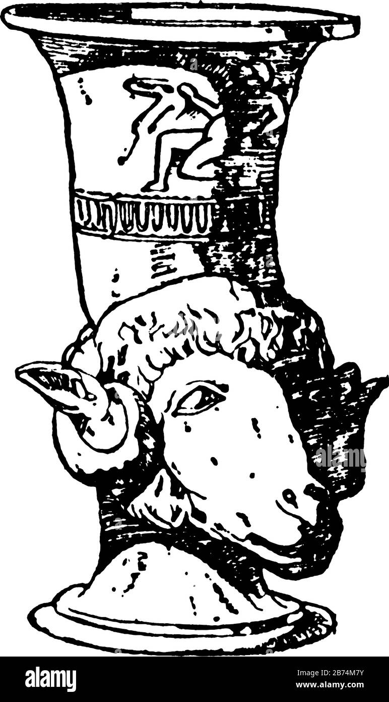 Die griechische Vase ist ein Trinkhorn, das oft geformt ist, wie ein Tierkopf zum Beispiel der altgriechischen Malerei, der Vintage-Linie-Zeichnung oder der Gravur des Illus Stock Vektor
