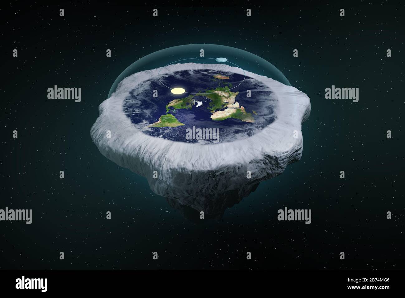 3D-Illustration Rendering. Flache Erdtheorie mit Atmosphäre, Sonne, Mond und Glasabdeckung. Uralte Mythenwelt der Weltkugel in Form von Scheibe. Stockfoto