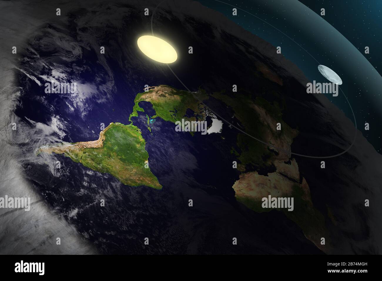 3D-Illustration Rendering. Flache Erdtheorie mit Atmosphäre, Sonne, Mond und Glasabdeckung. Uralte Mythenwelt der Weltkugel in Form von Scheibe. Stockfoto