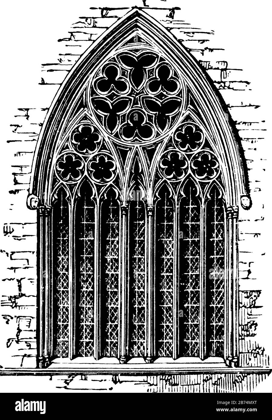 Tracery an der Kathedrale von Ripon, die die Komplexität der Muster einschränkt, die gesamte Lichtmenge, die in den Innenraum aufgenommen wurde, die Vintage-Linie, die Zeichnung oder Graveure Stock Vektor