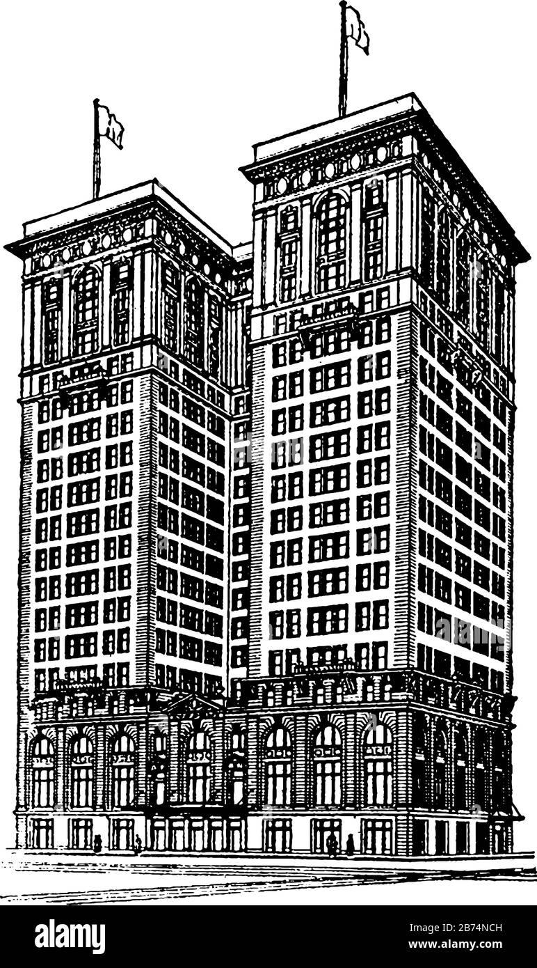 Der frühe Wolkenkratzer ist Anfang des 20. Jahrhunderts, er hat eine große und kommerzielle Gebäudepalette und ist bedeutend mit Wirtschaftswachstum, Vintage-Line-Zeichnung oder eng Stock Vektor