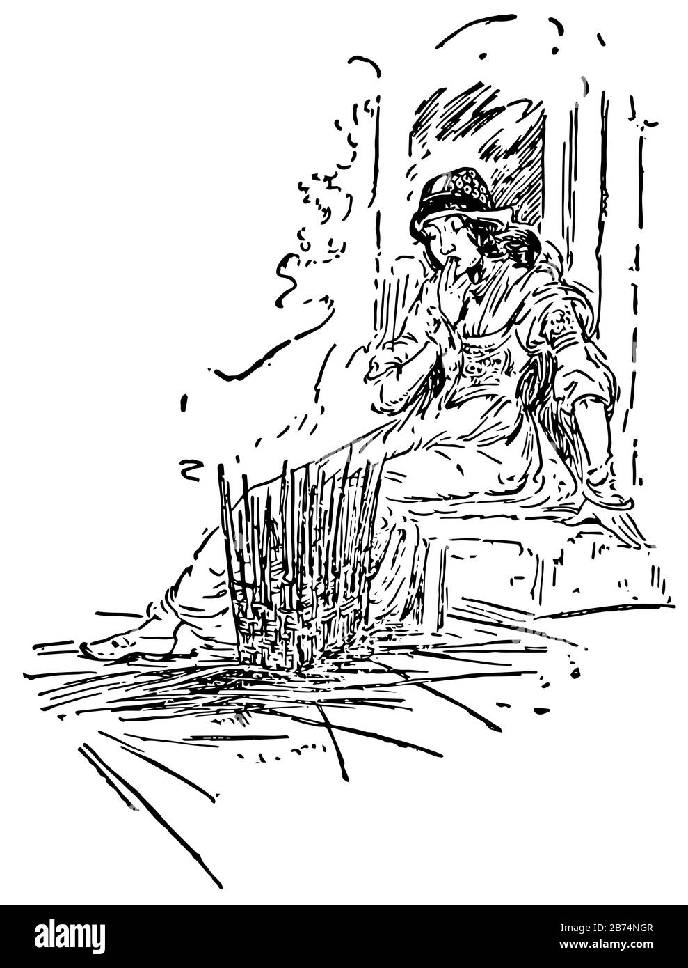Grizzle-Beard, diese Szene zeigt ein sitzendes Weibchen, das auf einen Korb blickt, der aus Holzstäbchen, Vintage-Line-Zeichnung oder Gravurabbildung besteht Stock Vektor