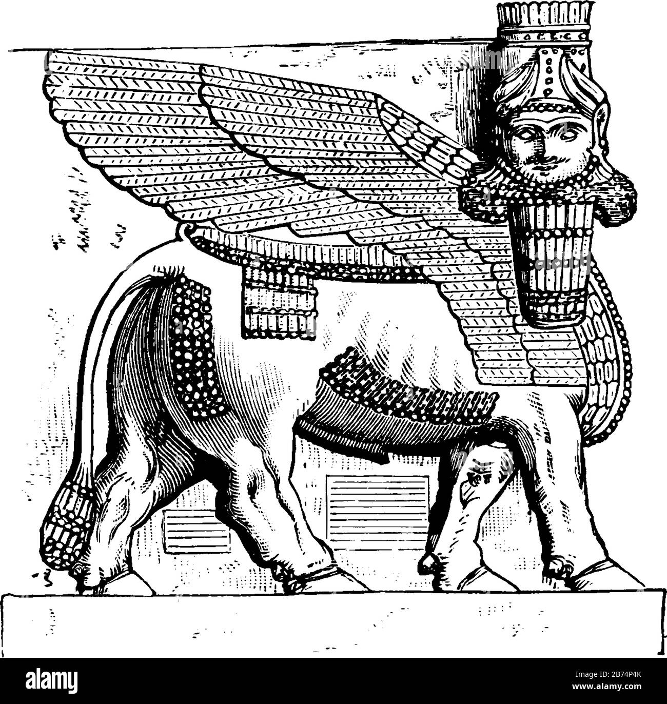 Geflügelter Stier mit menschlichem Kopf in diesem Bild, Vintage-Linien-Zeichnung oder Gravurdarstellung. Stock Vektor