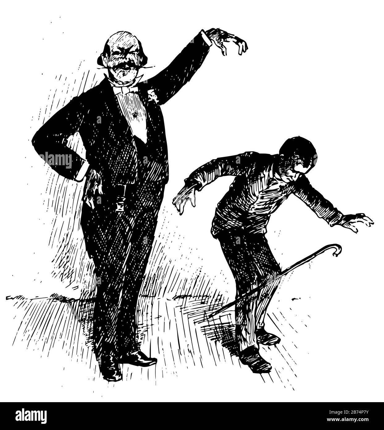 A Boy's Town, diese Szene zeigt einen alten Mann und einen Jungen, ein alter Mann hebt eine Hand und bleibt in der Luft, ein Junge verbogen, Vintage-Linie Zeichnung oder Gravur il Stock Vektor