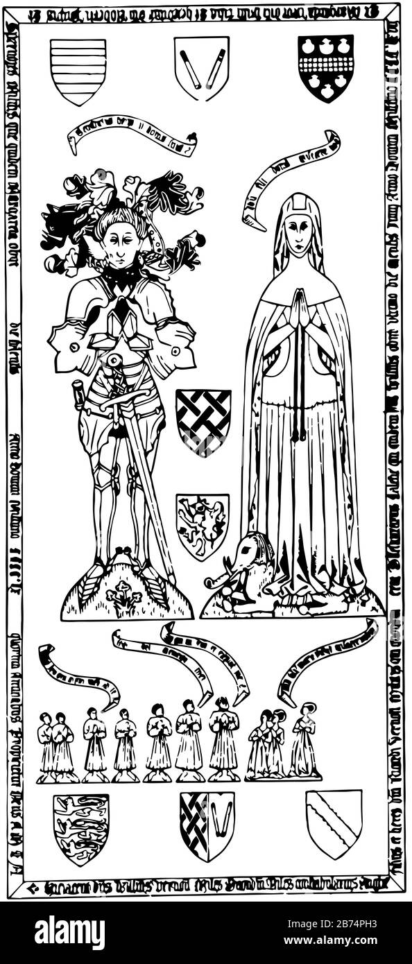 Messingdenkmal ist Sir William Vernon und eine Lady Statue, Vintage Line Zeichnung oder Gravur Illustration. Stock Vektor