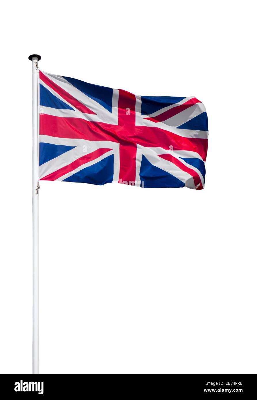 Union Jack / Nationalflaggen des Vereinigten Königreichs auf Flagpole, die im Wind vor weißem Hintergrund fliegen Stockfoto