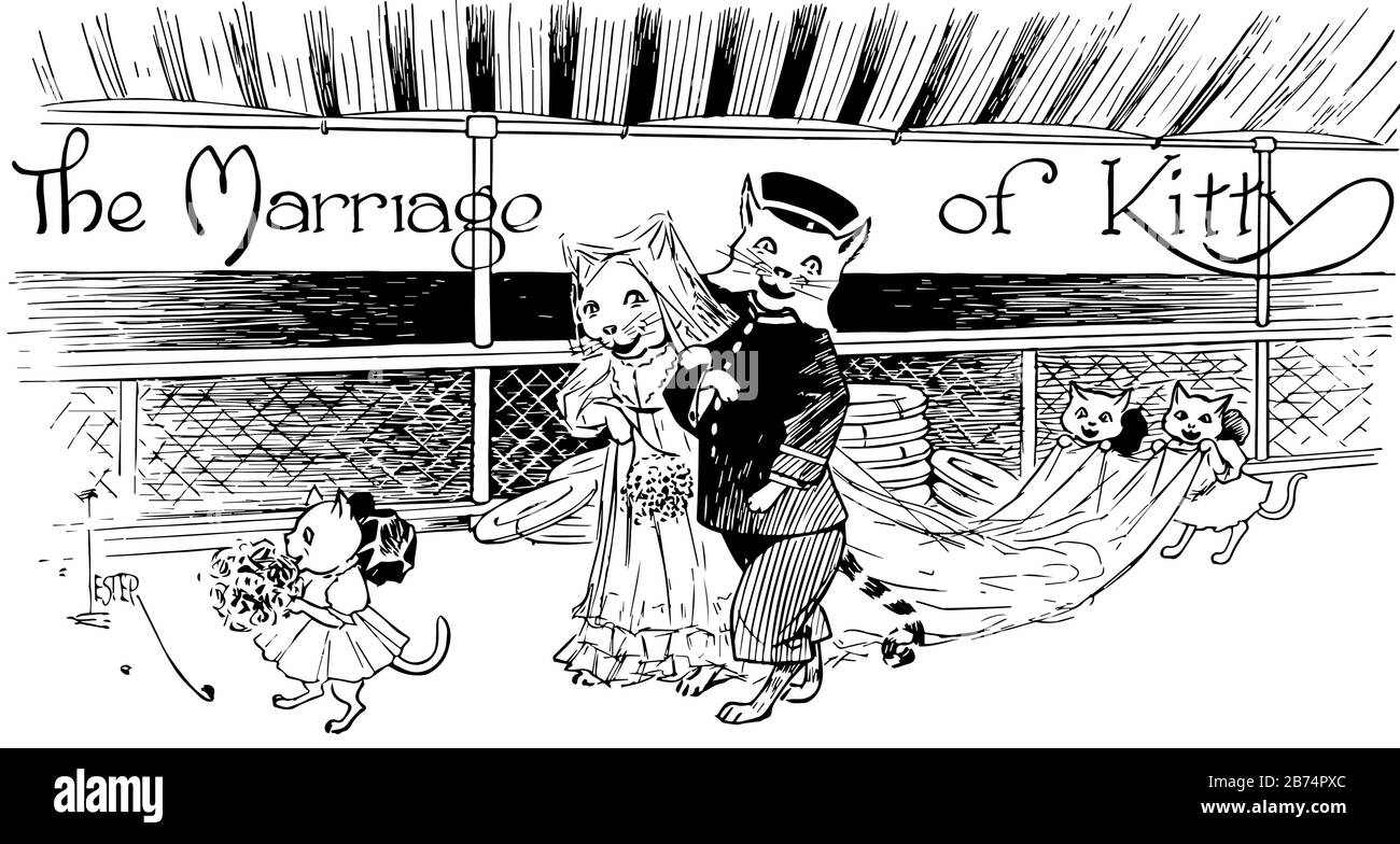 Zwei Katzen in Brautkleider gehen zusammen, zwei kleine Katzen verkleiden sich und halten Kleid der Frau, eine kleine Katze mit Blumen, Vintage-Linie Stock Vektor
