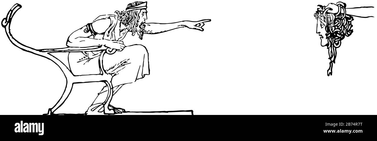 Die Abenteuer des Perseus, diese Szene zeigt einen Mann, der auf dem Stuhl auf der linken Seite sitzt und den menschlichen Kopf auf der rechten Seite, Vintage Line Drawing oder schneidet Stock Vektor