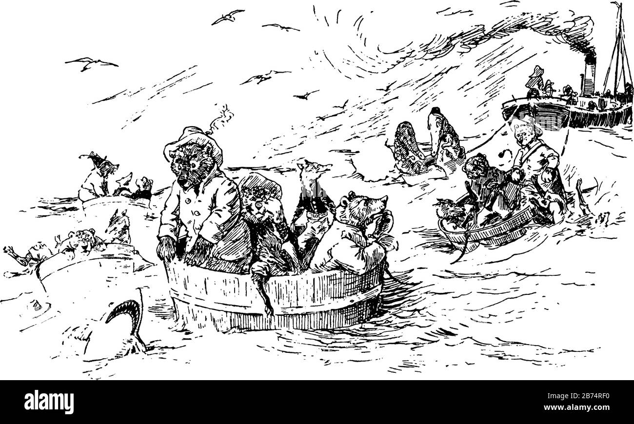 Tiere, die in auf Wasser schwebenden Schalen sitzen, die im Wasser an das Schiff gebunden sind, Vintage-Linien-Zeichnung oder Gravurdarstellung Stock Vektor
