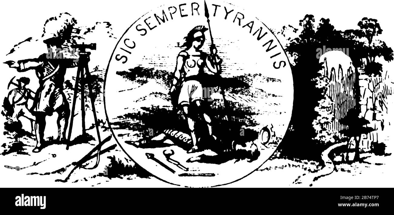 Siegel des commonwealth of Virginia, im Jahr 1876, zeigt es Bergleute auf der linken Seite, der mittlere Zirlce hat Paden mit Speer und der rechten Seite großes Tor von Felsen bedeckt Stock Vektor