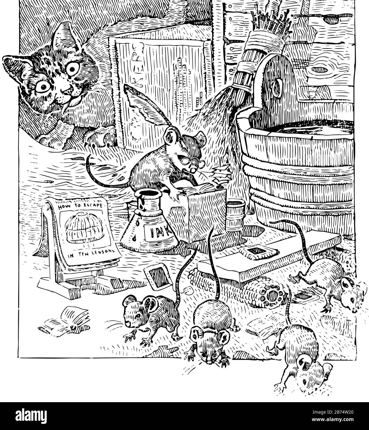 CAT und Mäuse, diese Szene zeigt EINE Katze, die sich mit einer Maus anschleicht und eine Klasse unterrichtet, wie man aus Katzen flücht, und andere Mäuse laufen davon, Tintenbecher hielten ne Stock Vektor