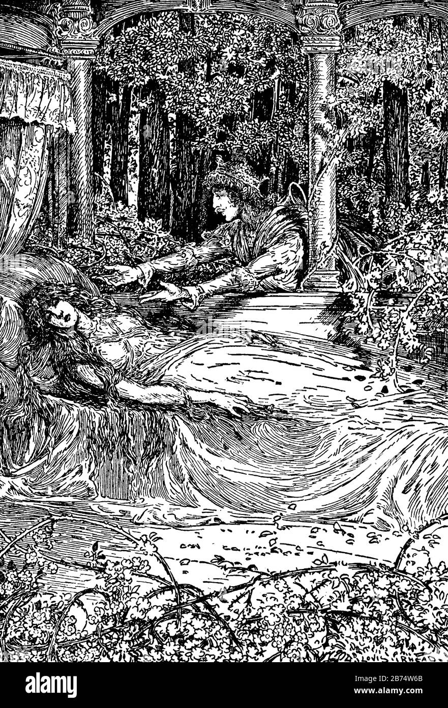 Ein junges Weibchen, das im Wald auf dem Bett schläft, der König in der Nähe eines Bettes, der sie betrachtet, eine Vintage-Zeichnung oder Gravurdarstellung Stock Vektor