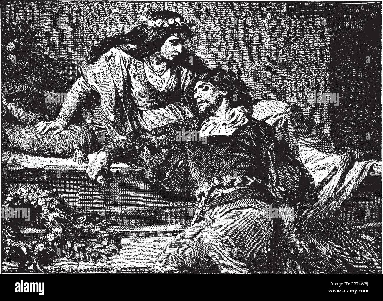 Eine Frau im Bett, die einen toten Mann hält, einen Lorbeerkranz in der Nähe des Bettes, eine Zeichnung mit Vintage-Linien oder eine Gravur Stock Vektor