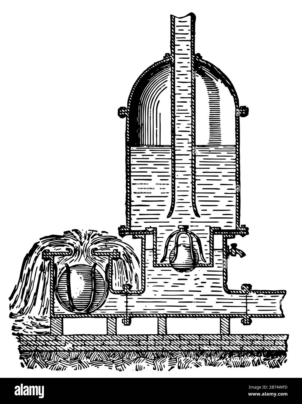 Diese Abbildung stellt den hydraulischen Ram dar, der eine Maschine zum Anheben von Wasser, zum Zeichnen von Vintage-Linien oder zur Gravur ist. Stock Vektor