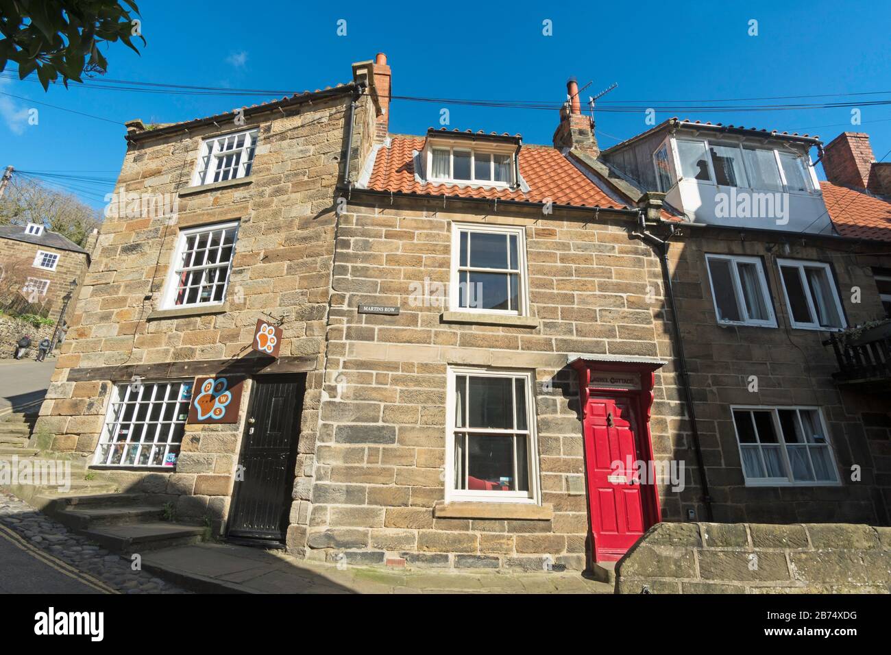 Steinhäuschen in Martins Row, Robin Hood's Bay, North Yorkshire, England, Großbritannien Stockfoto