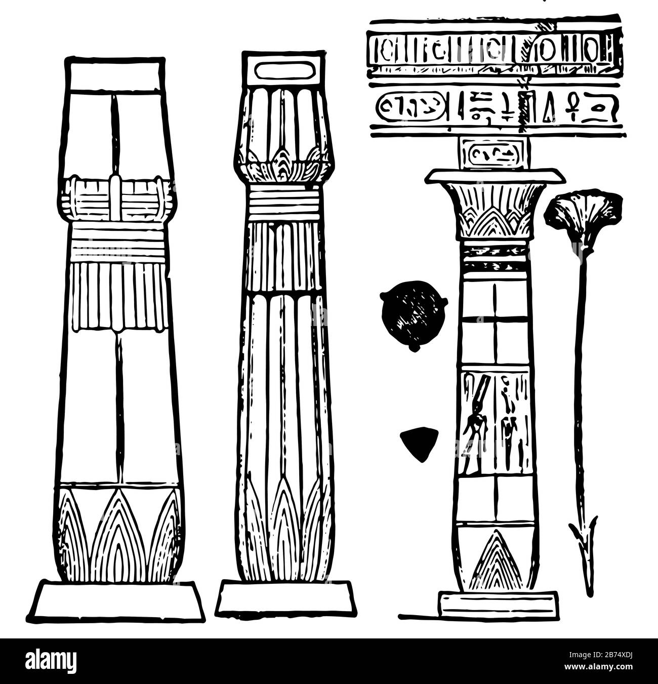 Ägypten, Säulenarten, Altägypten, architektonisches Hauptelement, Pflanzenstämme, Vintage-Linien-Zeichnung oder Gravurdarstellung. Stock Vektor