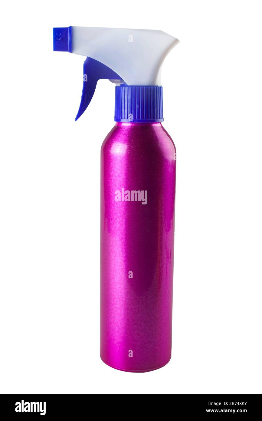 Studio-Foto: Sprühen der violetten Flasche auf weißem Hintergrund Stockfoto