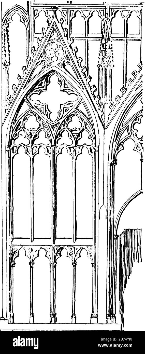 Wall Traceries ist ein Querhaus der Kathedrale von Meaux, eine detaillierte Skizze der verschiedenen Vorlagen, eine außergewöhnliche Verfeinerung, eine Vintage-Zeichnung oder eine Gravur Stock Vektor