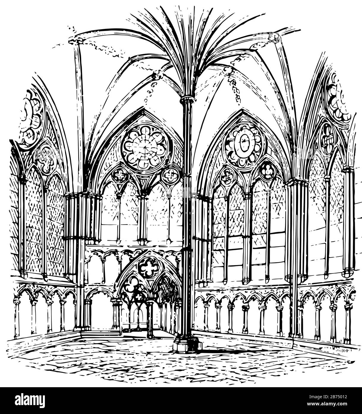 Kapitelhaus, Kathedrale von Salisbury, Architektur, Gebäude, Raum, Teil einer Kathedrale, eines Klosters, einer Kollegiatkirche, einer Vintage-Linie oder eines Graveurins Stock Vektor