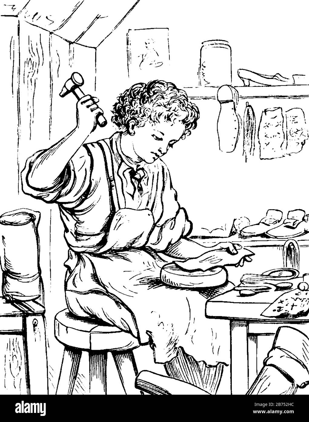 Diese Abbildung stellt einen Mann dar, der Schuhe, eine Vintage-Zeichnung oder eine Gravurzeichnung anstellt. Stock Vektor