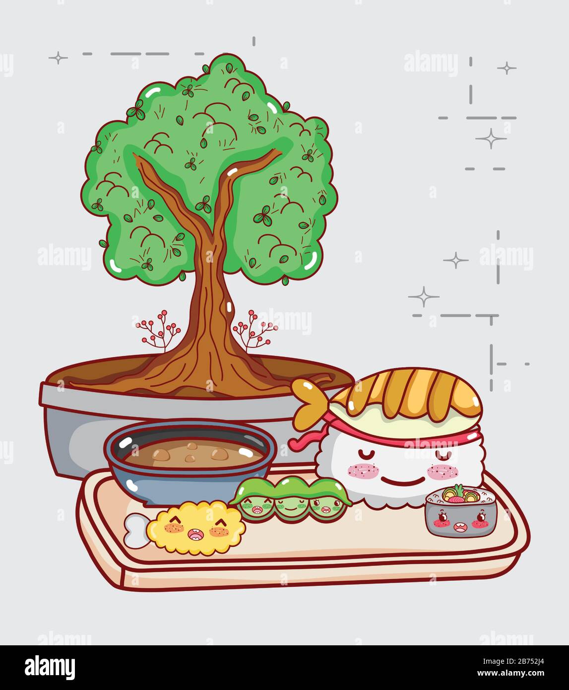 Kawaii Sushi Erbsen Tempura und Potted Bonsai japanische Cartoon-Vektor-Illustration Sushi und Rollen Stock Vektor