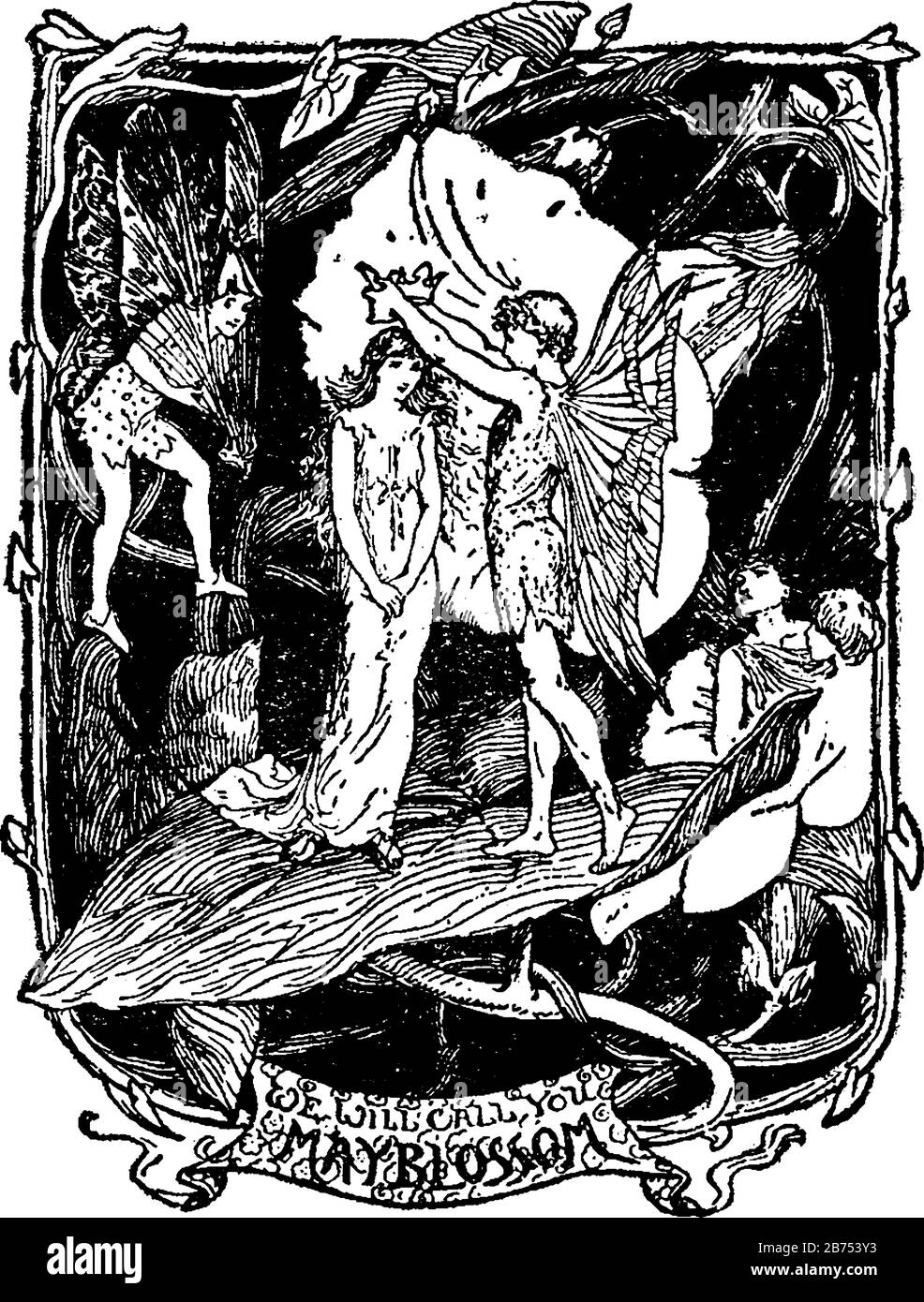 Krönende Thumbelina zeigt diese Szene eine Engelskrönung eines vor ihr stehenden Weibchens, weitere dahinter stehende Engel, Vintage-Strichzeichnung oder Gravur Stock Vektor