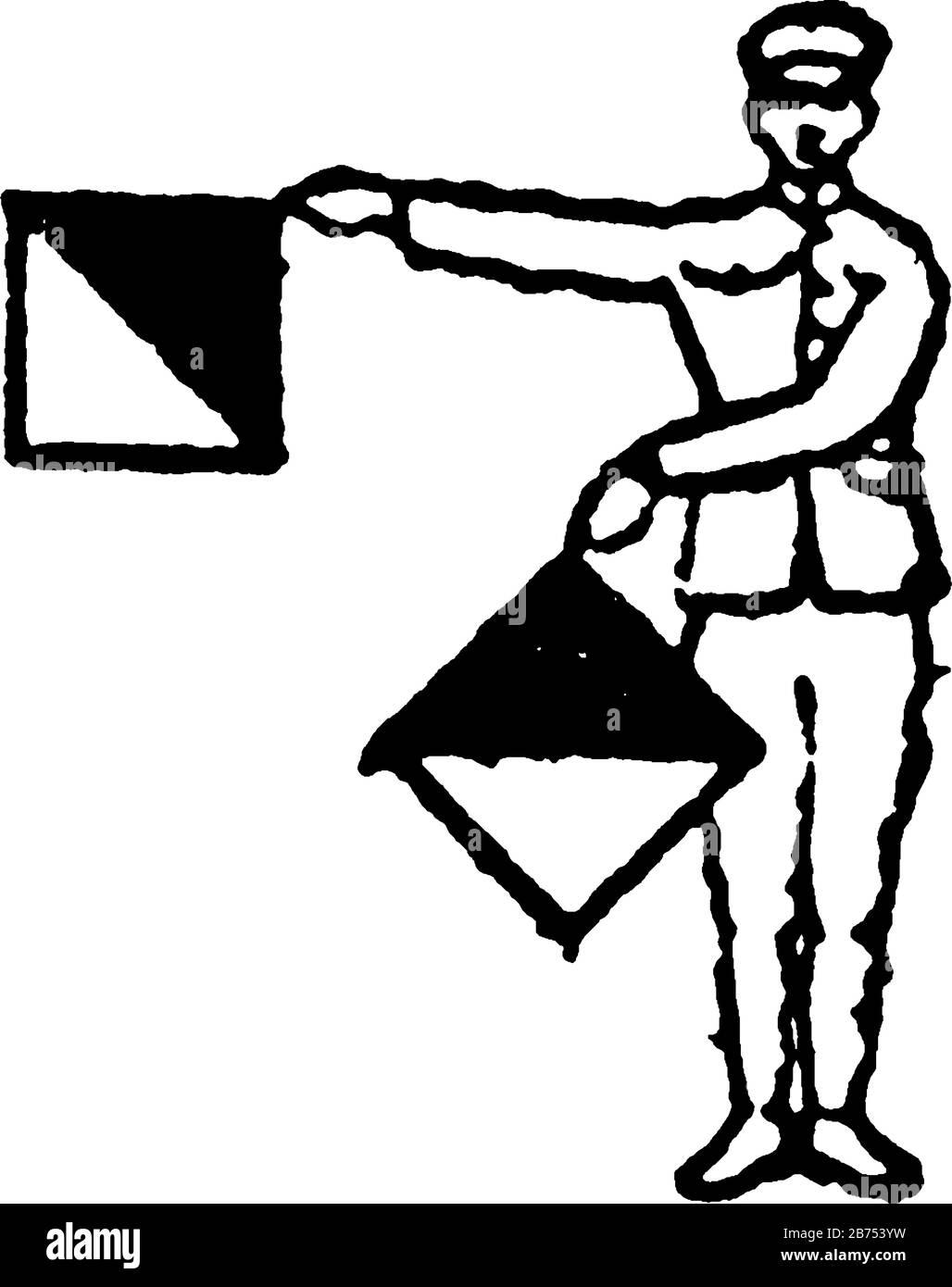 Flaggensignal, Flaggensignal für den Buchstaben H, oder das Zahlenwerk 8, ein Mann, der zwei Flaggen hält, Righ Hand ist in 90 Grad, linke Fahne etwas außerhalb von Bo Stock Vektor