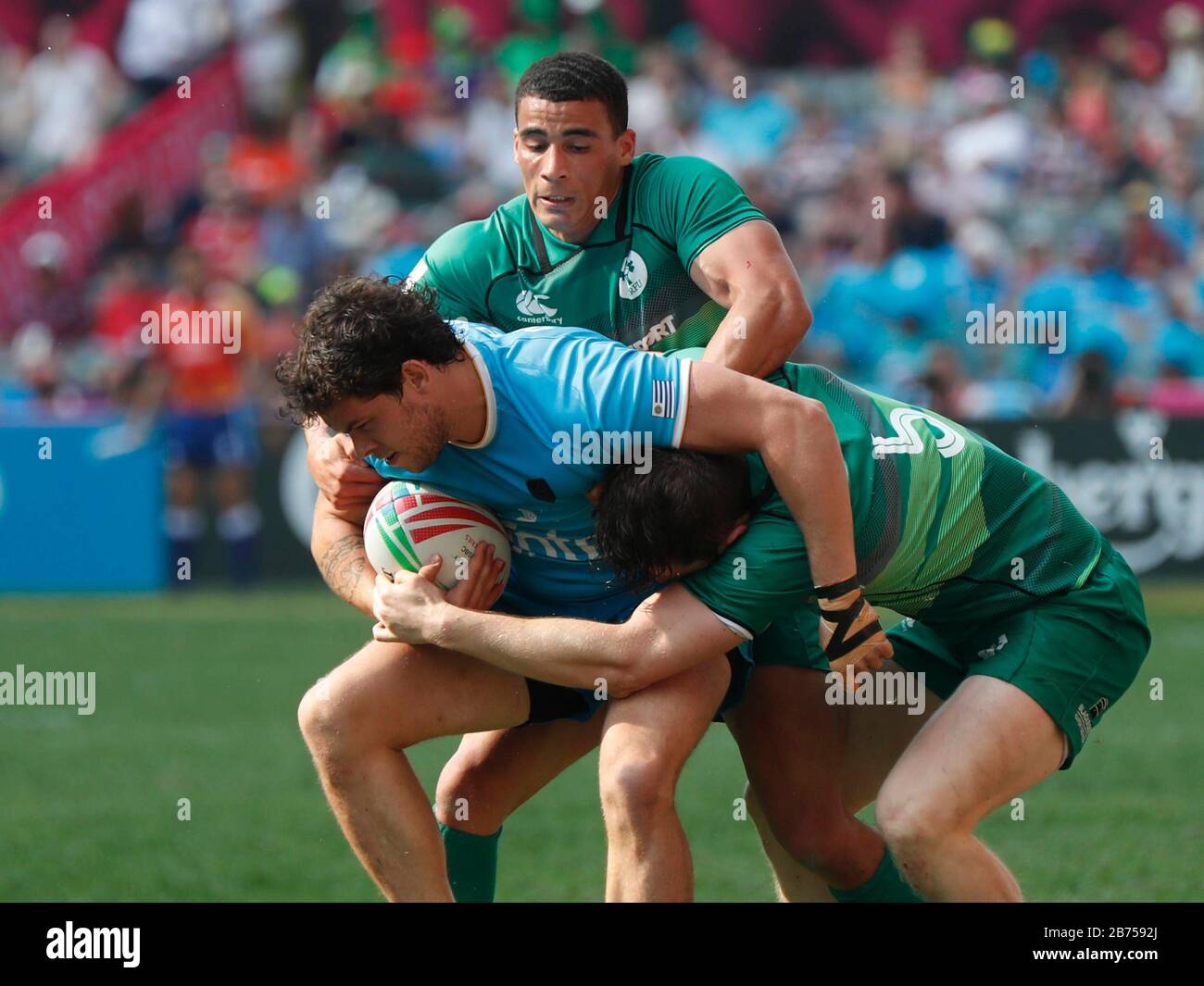 Irisches Team tritt am 1. Tag der Qualifikation für die World Rugby Sevens Series 2019 gegen das Team Uruguays an - Hongkong in Hongkong. Stockfoto