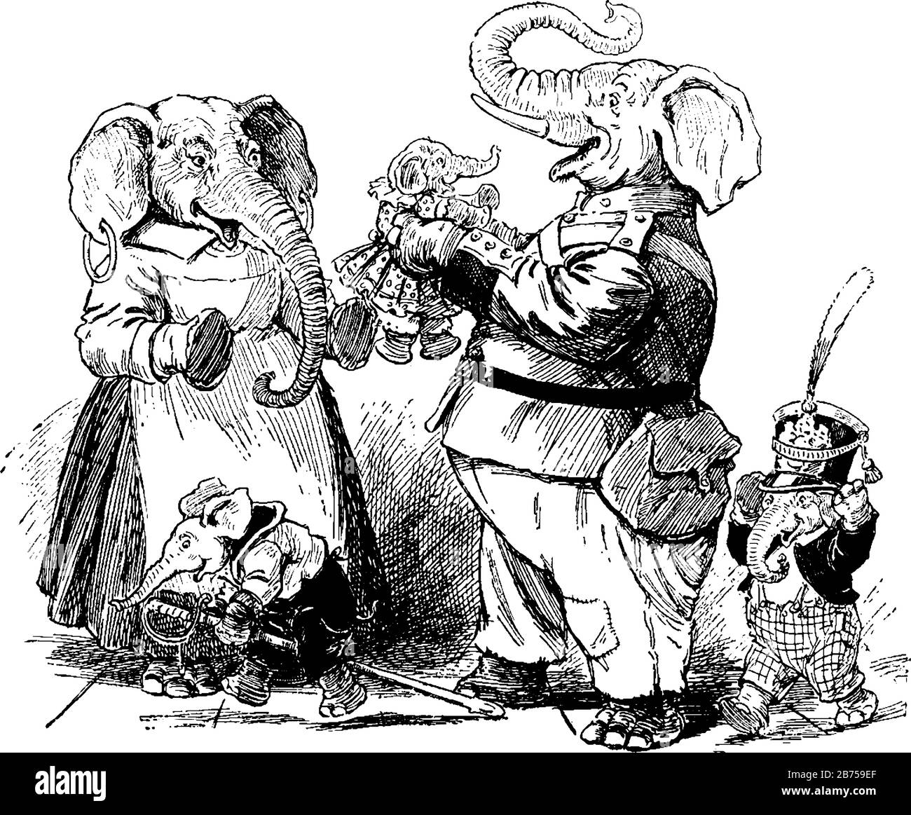 Ein Elefant in einem Kleid aus Rüstung kam nach Hause und hielt Baby-Elefanten, zwei Baby-Elefanten und einen anderen Elefanten in menschlichen Kleidern in der Nähe von ihm in fröhlicher Stimmung, vint Stock Vektor