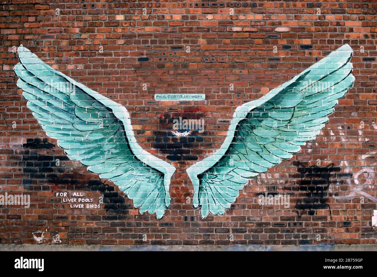 Die Flügel eines Vogels sind an einer Wand eines Hauses in Liverpool im Stadtteil Baltic Triangle am 01.03.2019 zu sehen. Das Graffiti wurde von dem Künstler Paul Curtis gemalt. [Automatisierte Übersetzung] Stockfoto