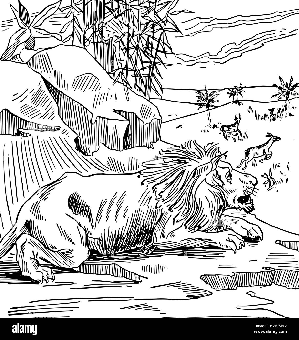 Der am Boden sitzende Löwe und zwei Tiere laufen und Bäume im Hintergrund, Vintage-Linien-Zeichnung oder Gravier-Illustration Stock Vektor