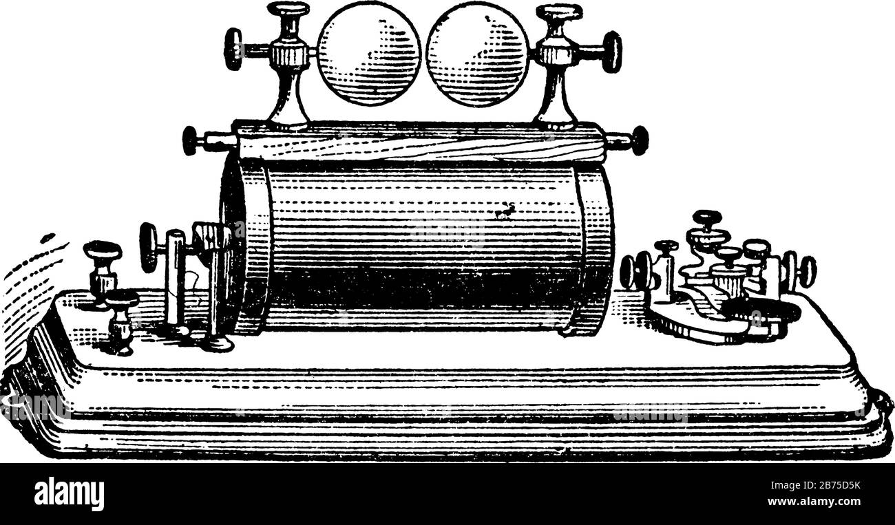 Diese Abbildung zeigt den Funk-Telegraph-Sender, in dem Nachrichten zwischen den Entfernungspunkten ohne Verwendung von Kabeln übertragen werden, Vintage l Stock Vektor