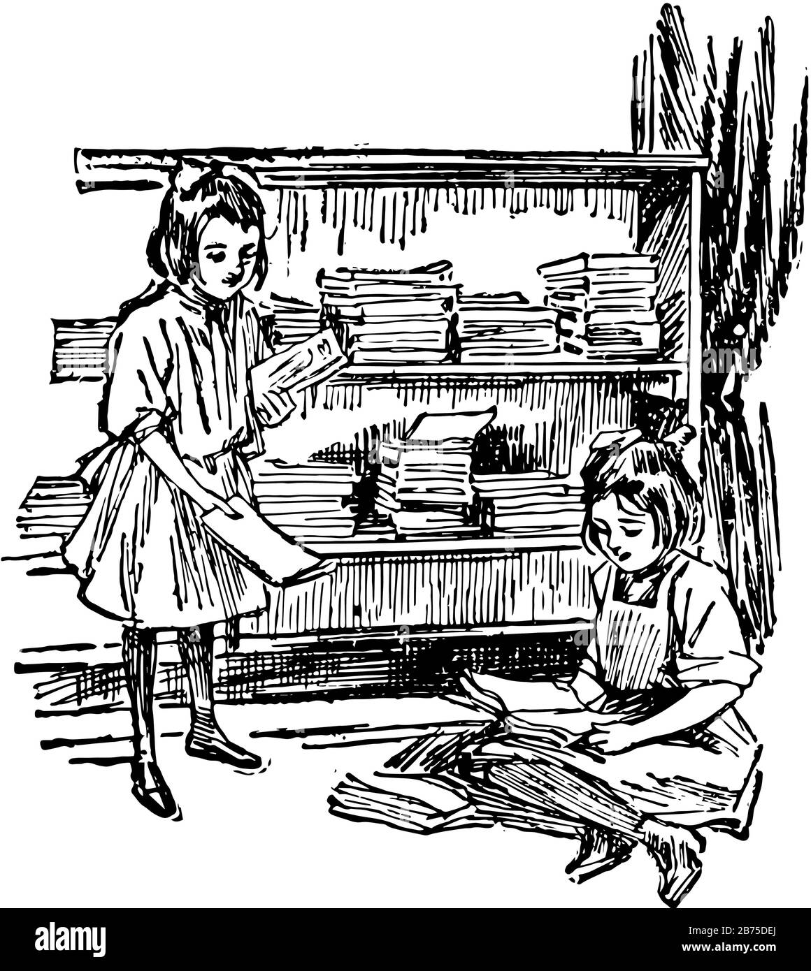 Magazin Pile, Mädchen, Haufen, Stapel, Poesie, Grafik, Kunst, Vintage-Line-Zeichnung oder Gravur Illustration. Stock Vektor