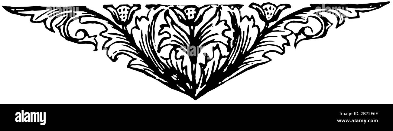 Blumenmotiv mit großen Blättern und drei Blumen, Vintage-Zeichnung oder Gravur. Stock Vektor