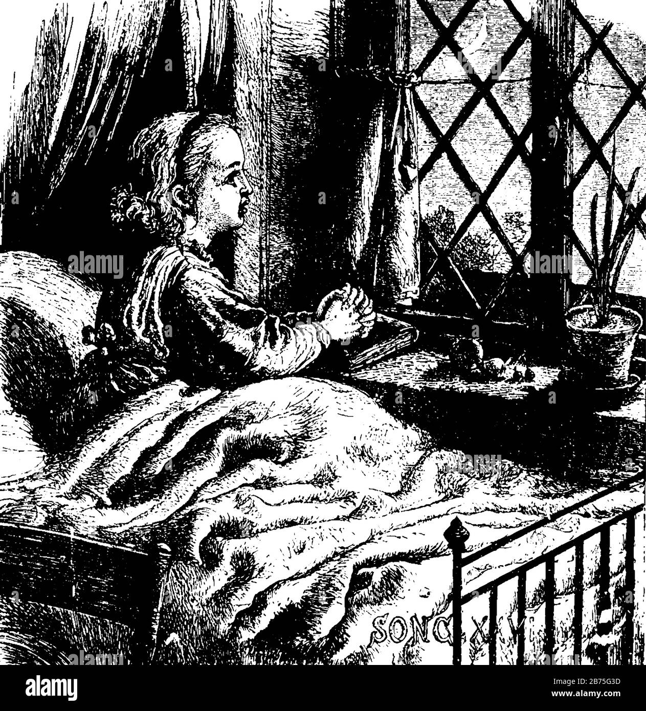 Ein kleines Mädchen im Bett mit gekreuzten Händen, die durch Fenster, Mond und Sterne am Himmel schauen, Vintage-Zeichnung oder Gravurdarstellung Stock Vektor