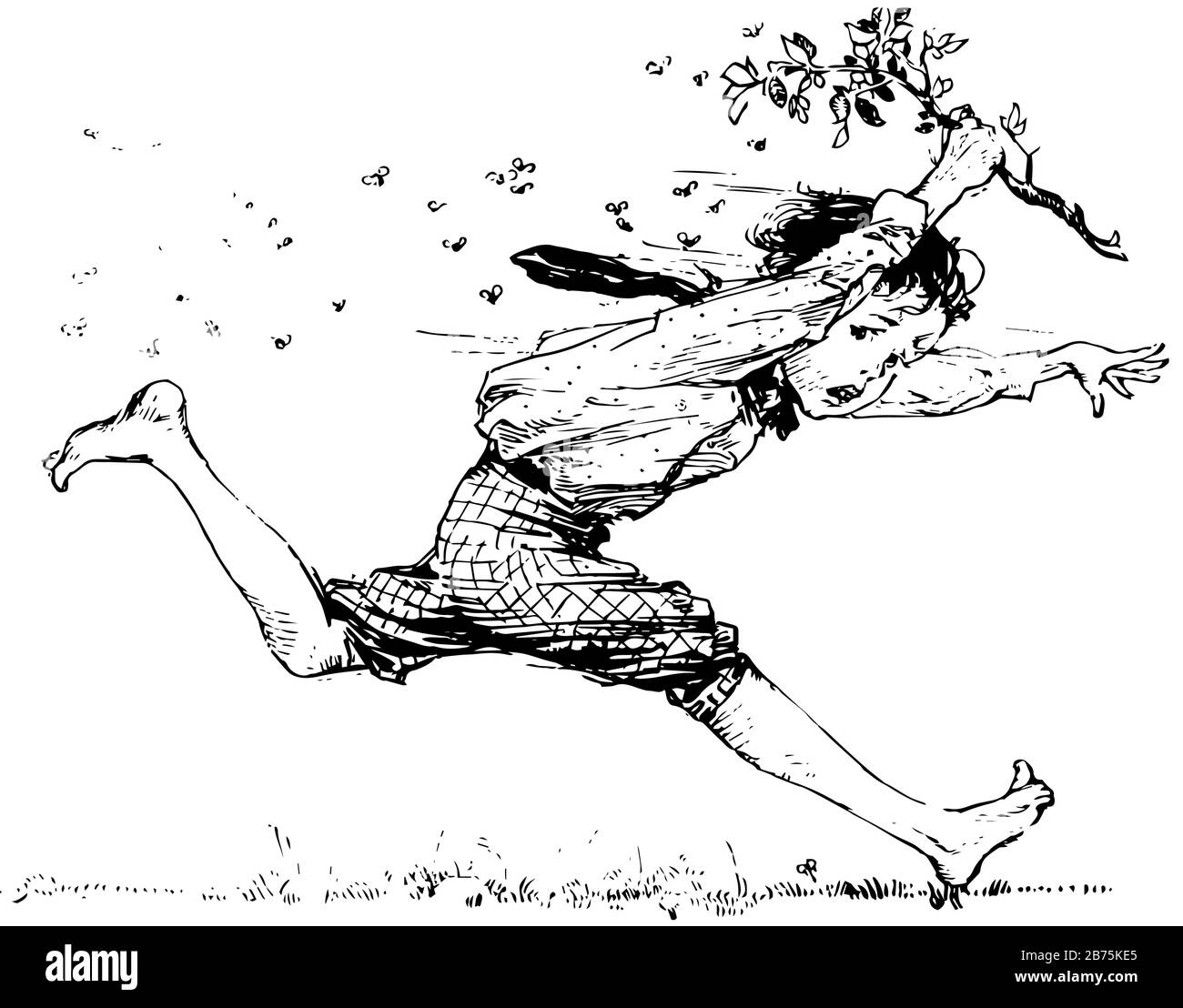 Joe's Bee-Sting, diese Szene zeigt, dass ein Junge läuft und einen Zweig des Baumes in einer Hand hält, ihm folgende Bienen fliegend, Vintage-Line-Zeichnung oder Graveure in Stock Vektor