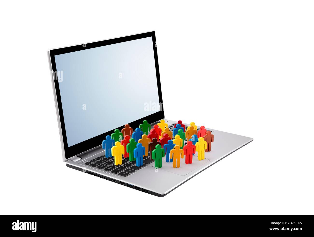 Farbenfroh bemalte Personengruppen auf Laptop isoliert auf Weiß Stockfoto