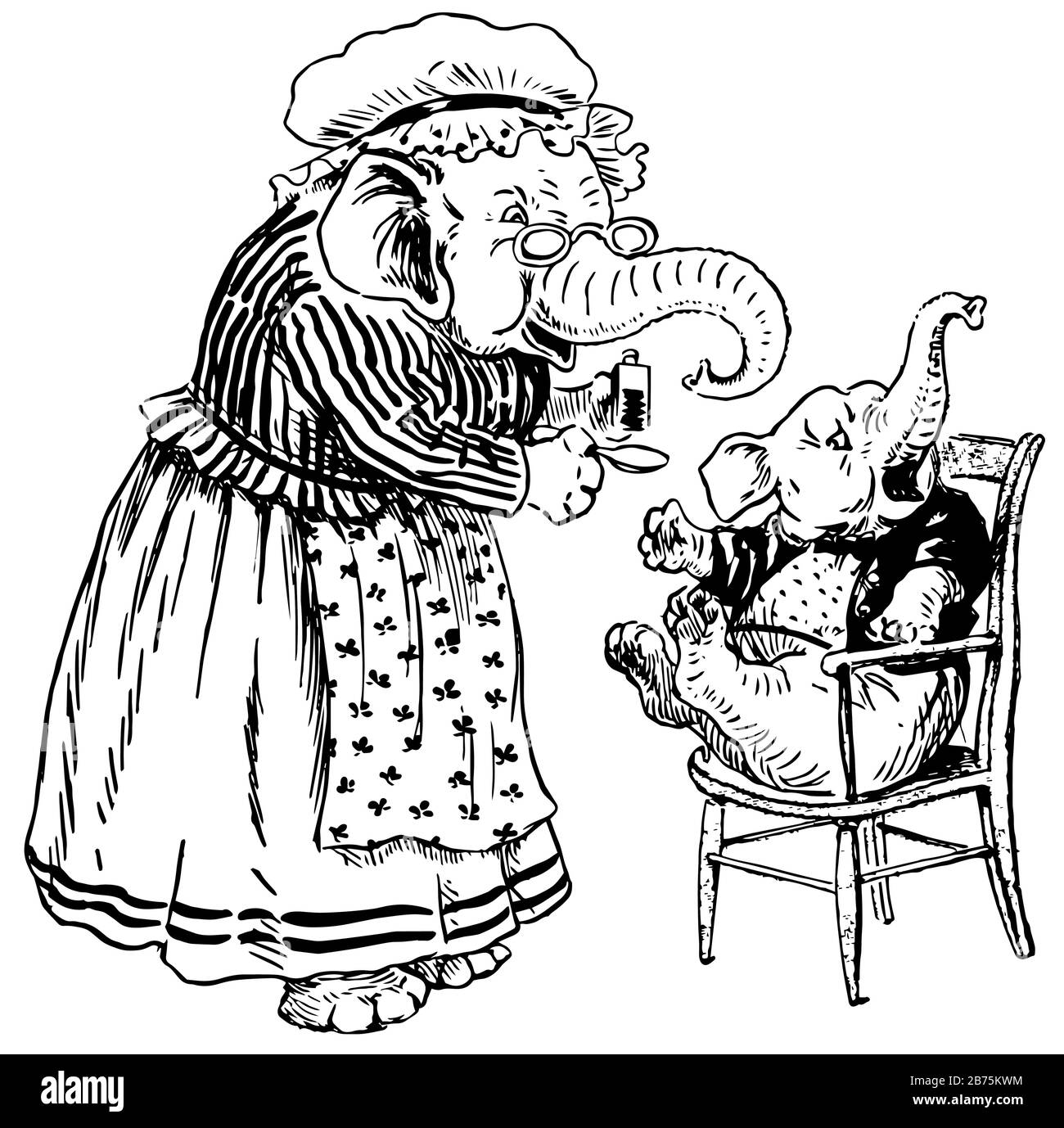 Ein Elefant im weiblichen Kleid, der Sirup mit Löffel an den Baby-Elefanten im menschlichen Kleid gibt, das auf dem Stuhl sitzt, mit Vintage-Zeichnung oder mit einer Gravur illustrer Stock Vektor