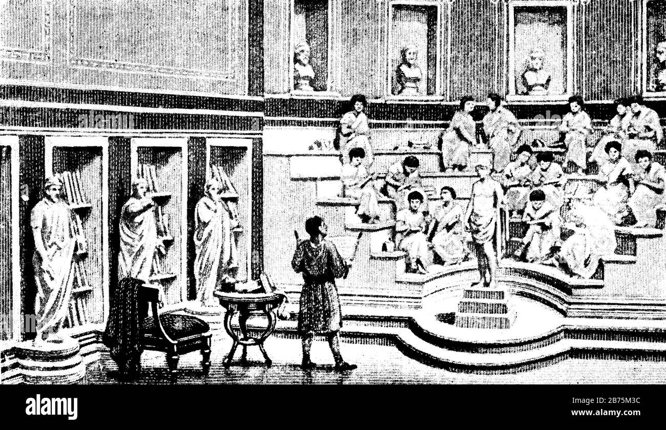 Römische Schule oder Augustus, Goldenes Zeitalter, Römisches Reich, Vintage-Zeichnung oder Gravurdarstellung. Stock Vektor